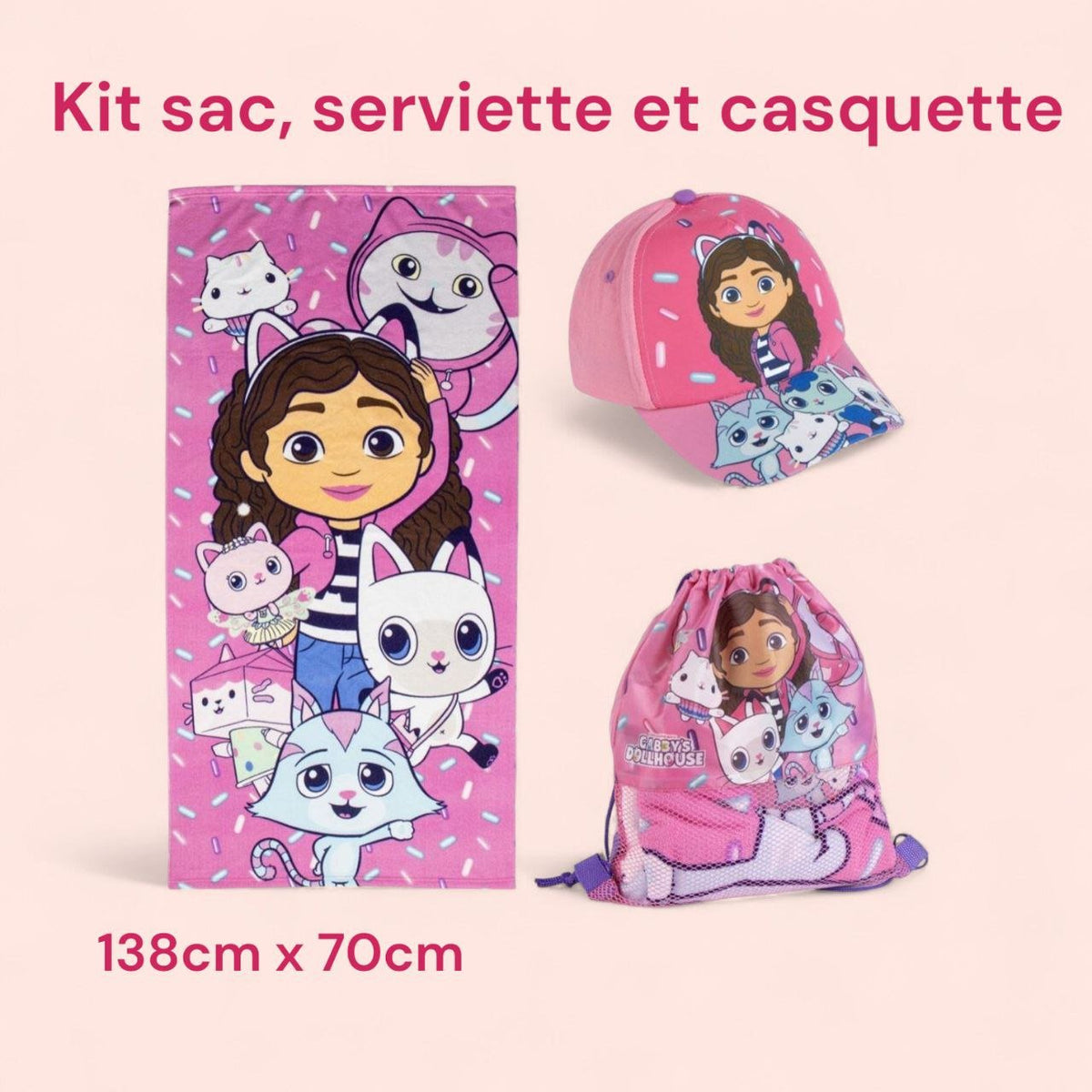 Kit Sac, Serviette & Casquette Gabby's Dollhouse – Le Combo Parfait pour l’Été !