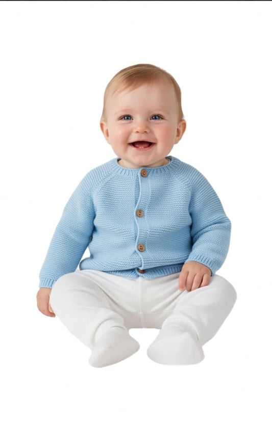 Gilet Bébé Coton Boutonné Bleu Ciel – Cardigan Tricoté 0-3 mois | Fabriqué au Portugal