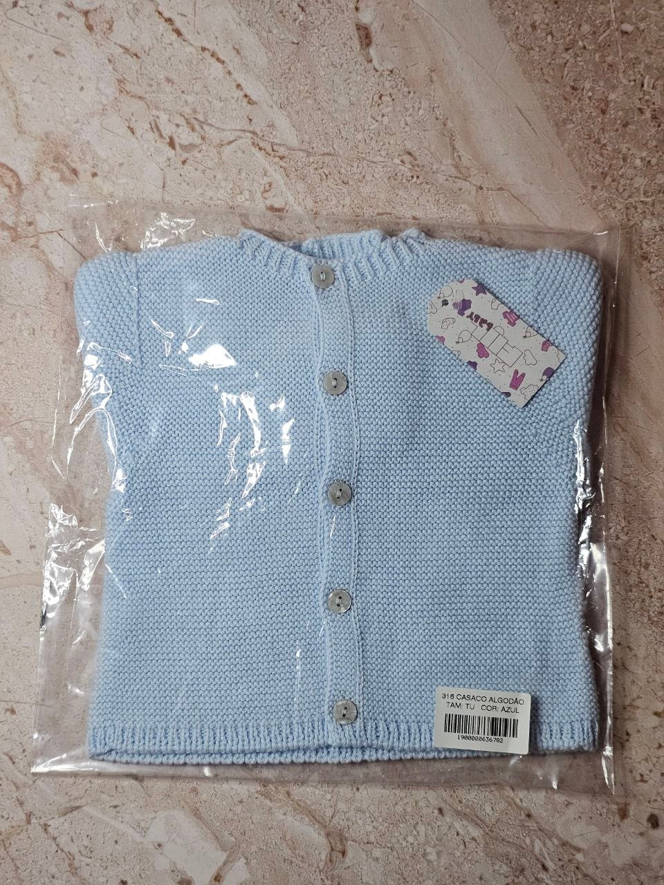 Gilet Bébé Coton Boutonné Bleu Ciel – Cardigan Tricoté 0-3 mois | Fabriqué au Portugal